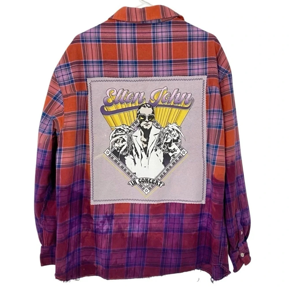 Elton John Flannel Shirt Unisex Large XL Ombre Toe Dye Handmade One Of A Kind